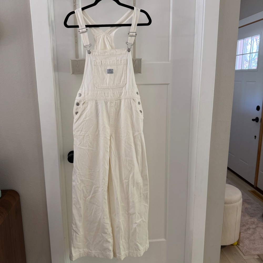Levis Overalls White Denim Wide Leg Baggy Cargo Bib Jumpsuit Womens S Grunge